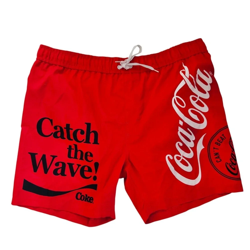 Coca-Cola Catch the Wave Swim Trunks Men's Large Red Graphic Board Shorts NWT